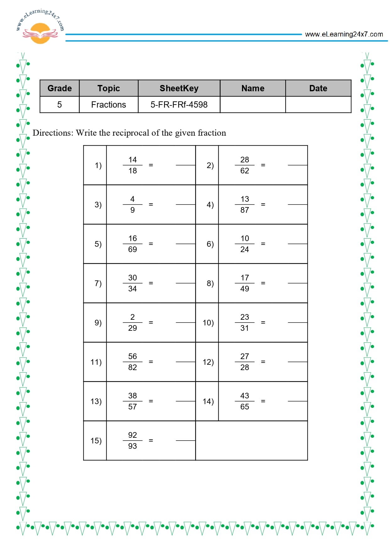 Grade 5 Reciprocal Fractions