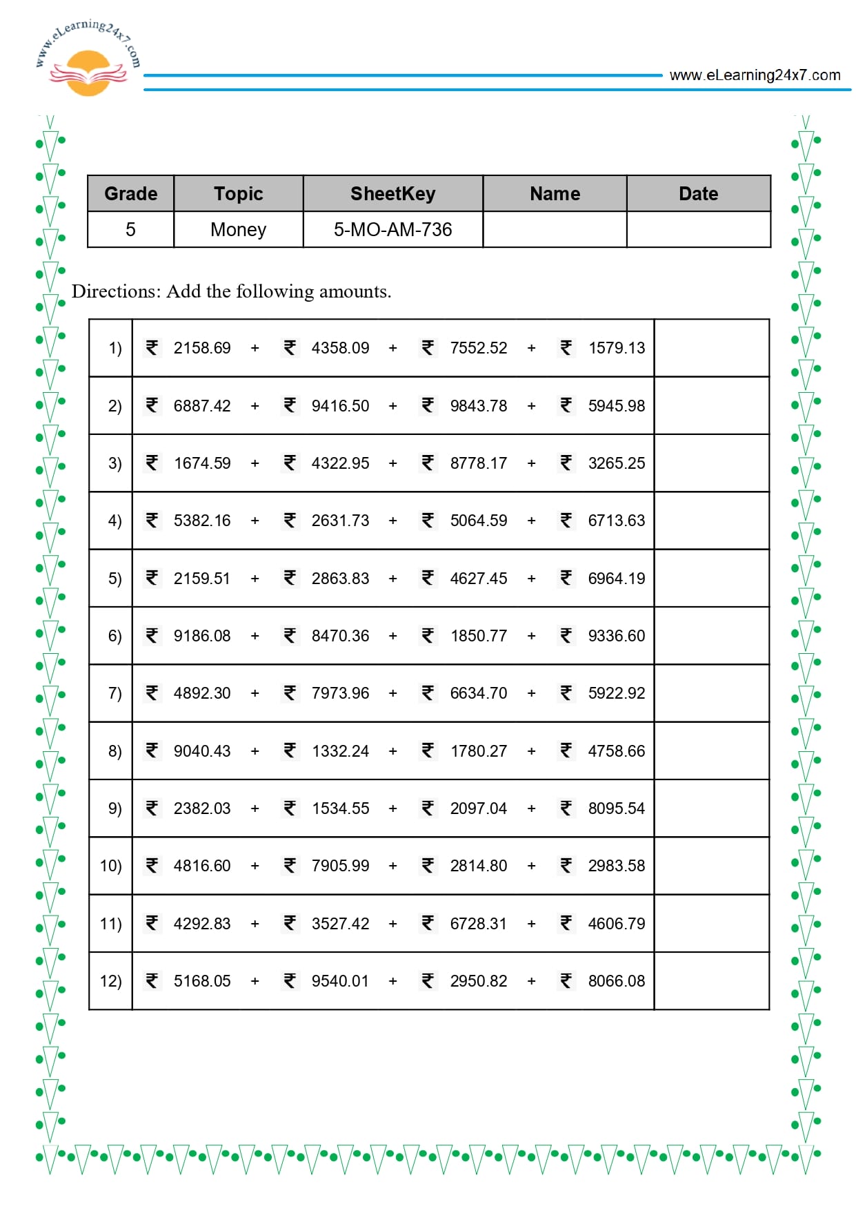 Grade 5 Money Addition