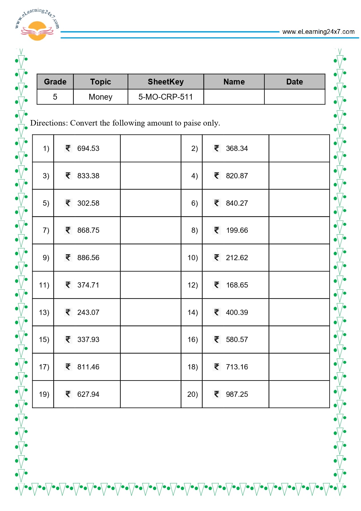 Grade 5 Money Conversion
