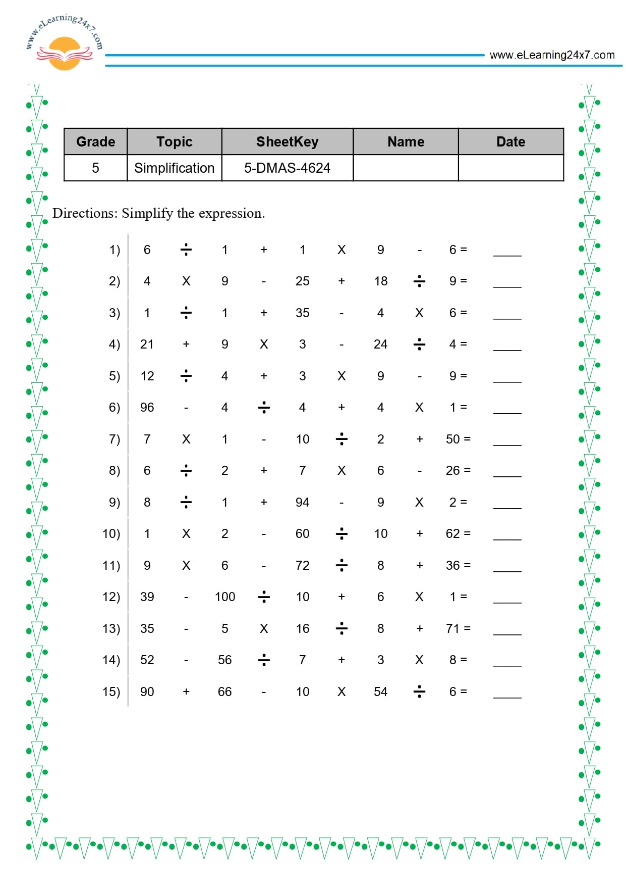 Grade 5 Simplification Worksheet