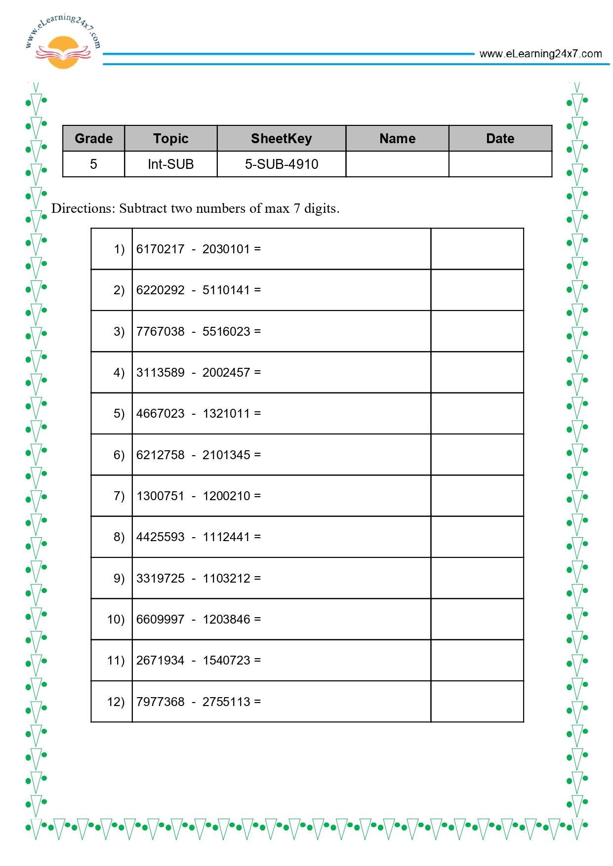 Grade 5 Subtract 7-digit Numbers