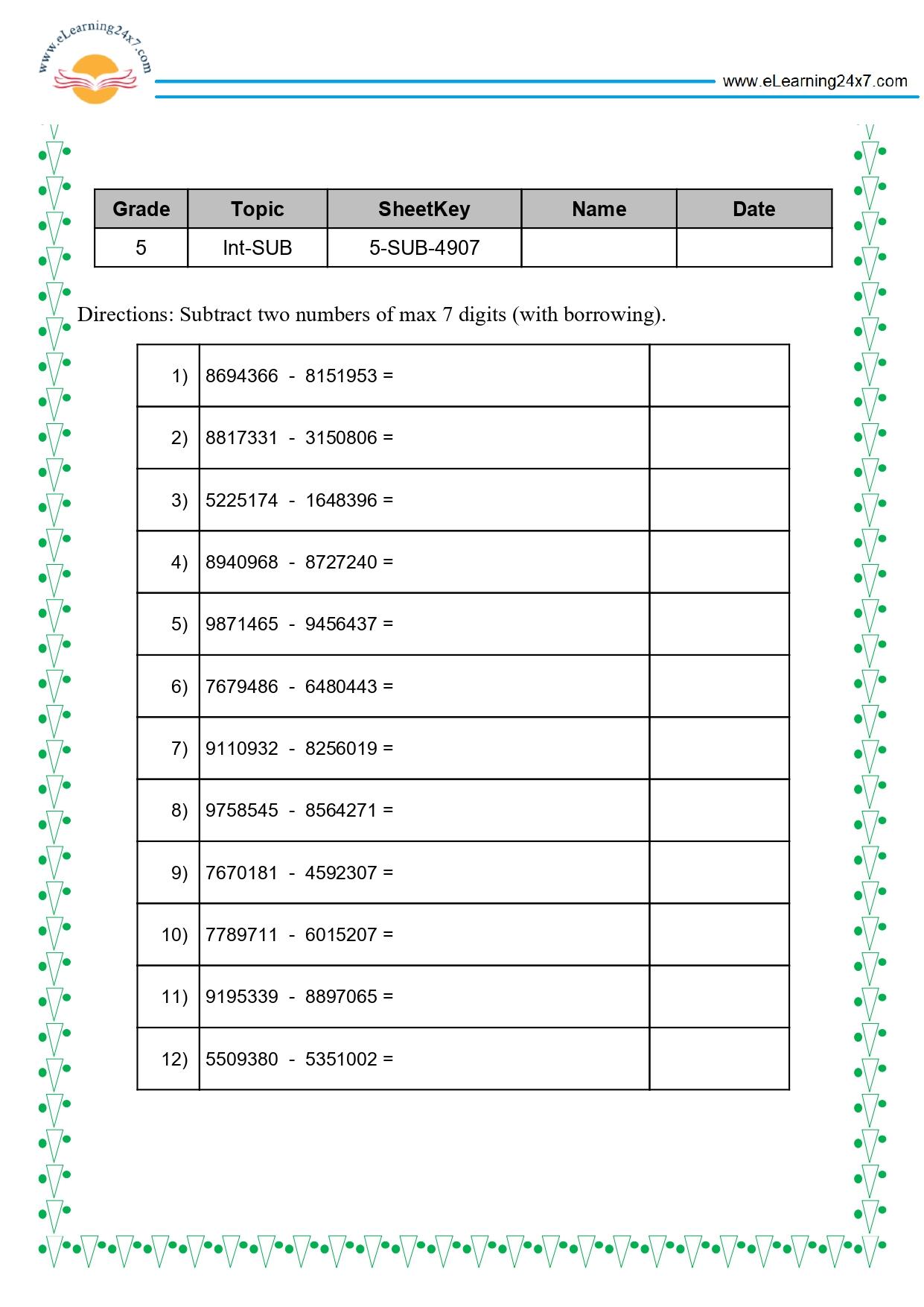 Grade 5 Subtract 7-digit Numbers