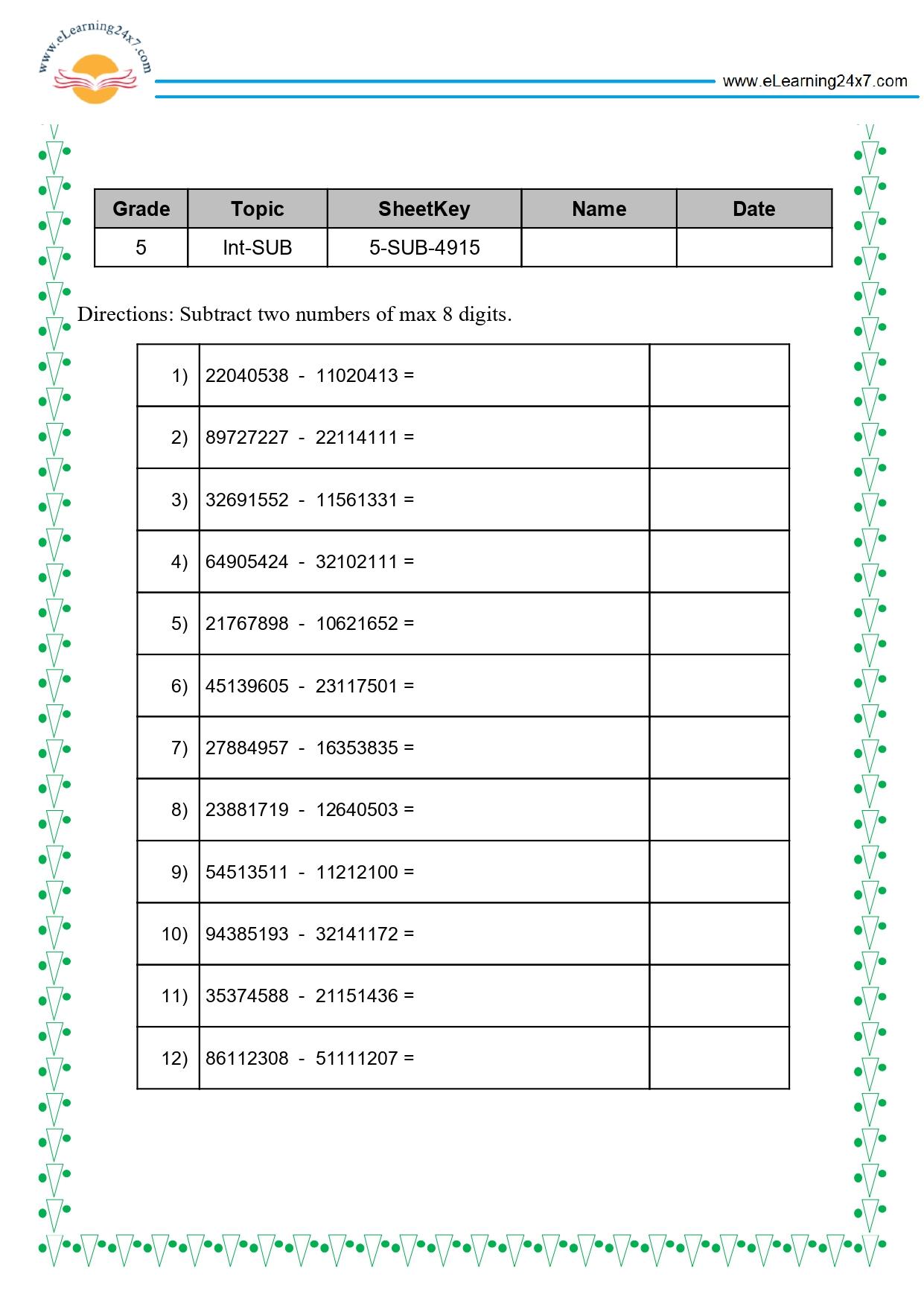 Grade 5 Subtract 8-digit Numbers