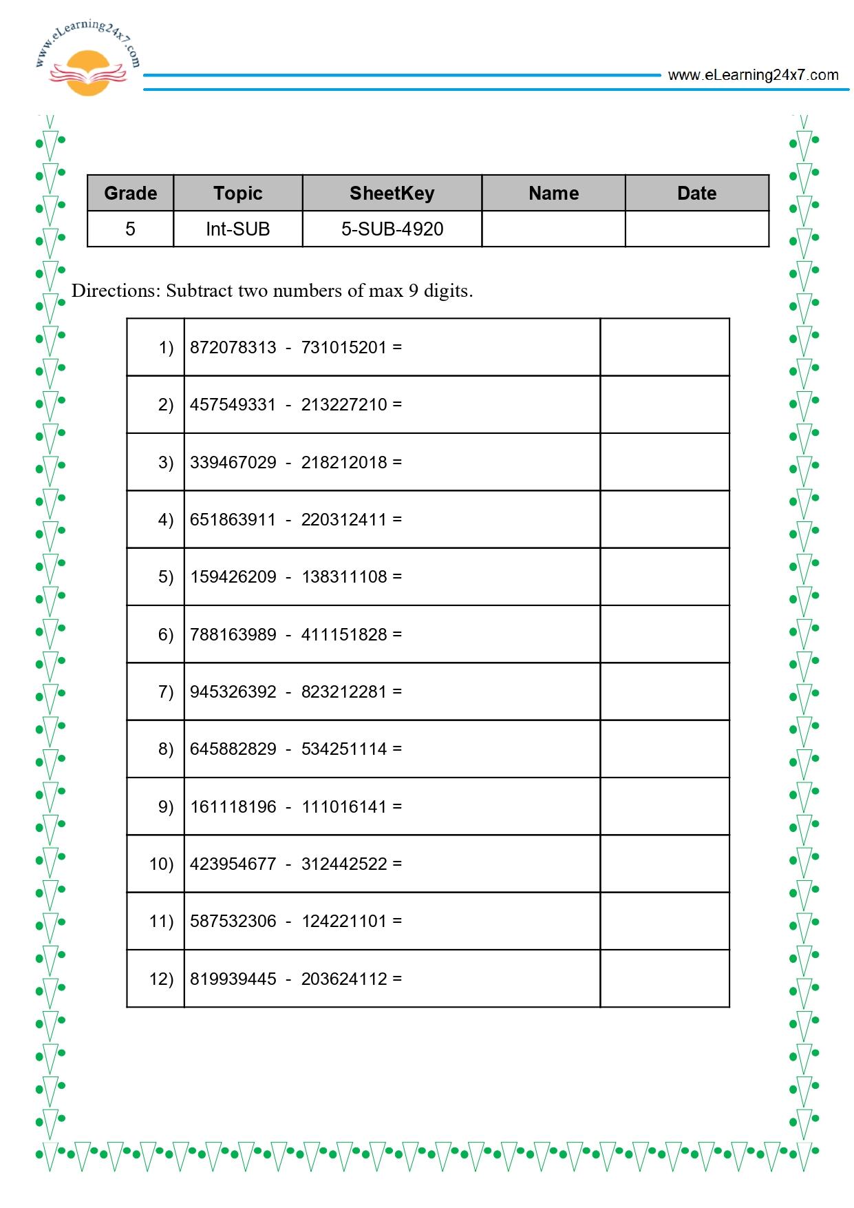 Grade 5 Subtract 9-digit Numbers
