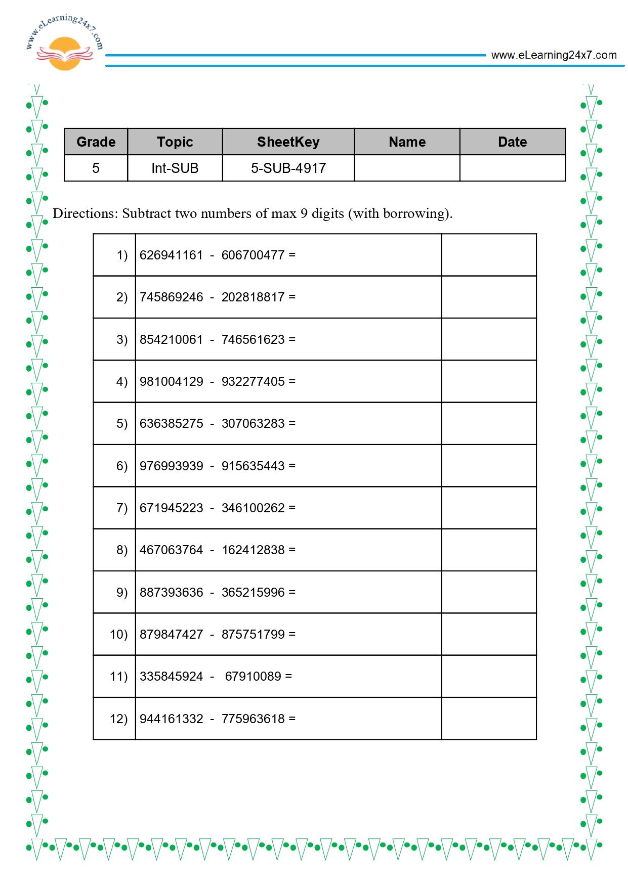 Grade 5 Subtract 9-digit Numbers