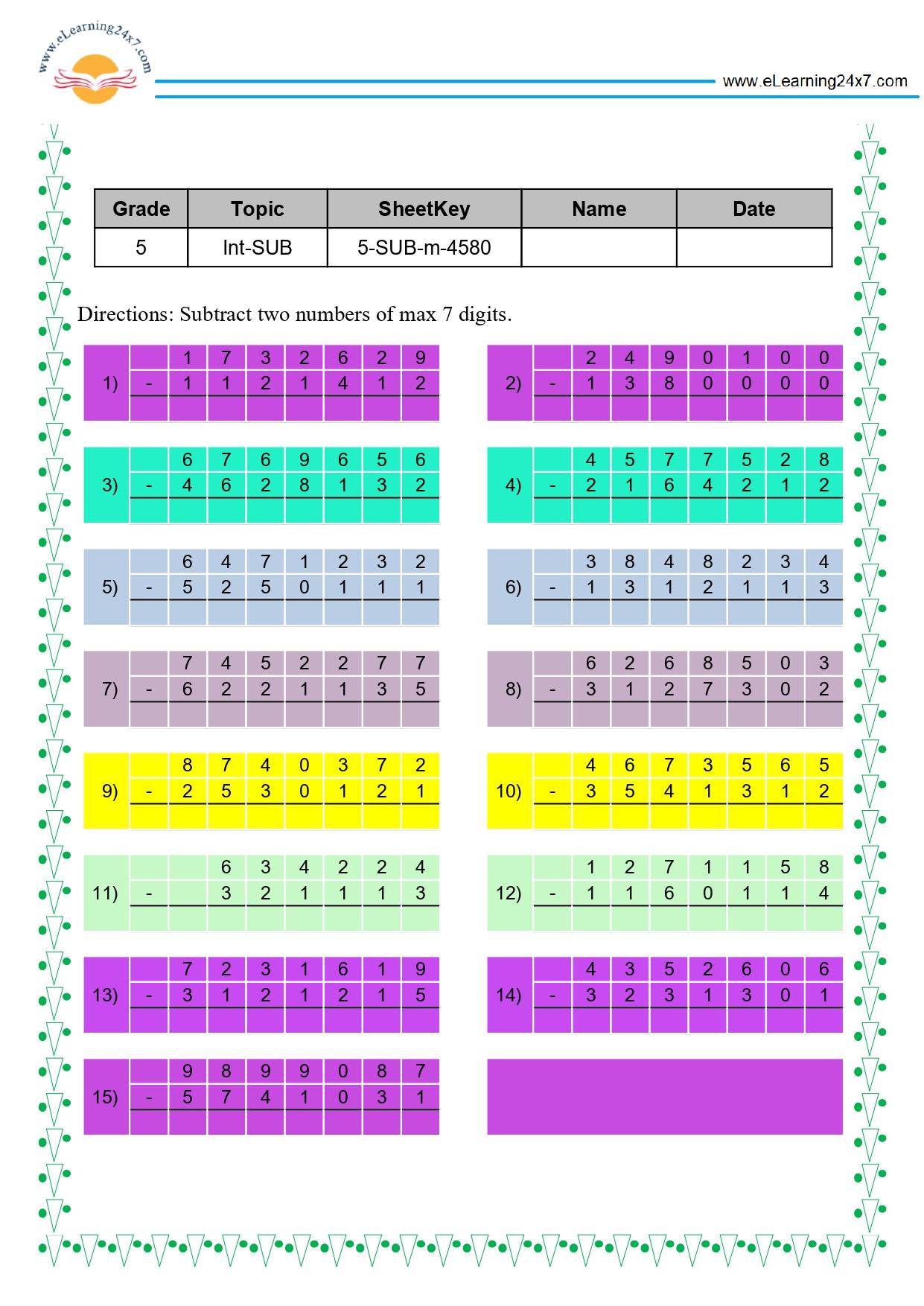 Grade 5 Subtract 7-digit Numbers in Multiline