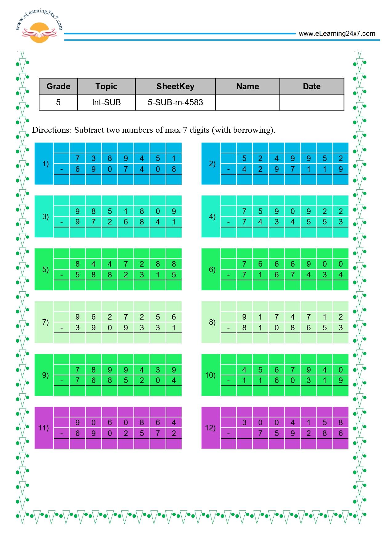 Grade 5 Subtract 7-digit Numbers in Multiline With Borrowing