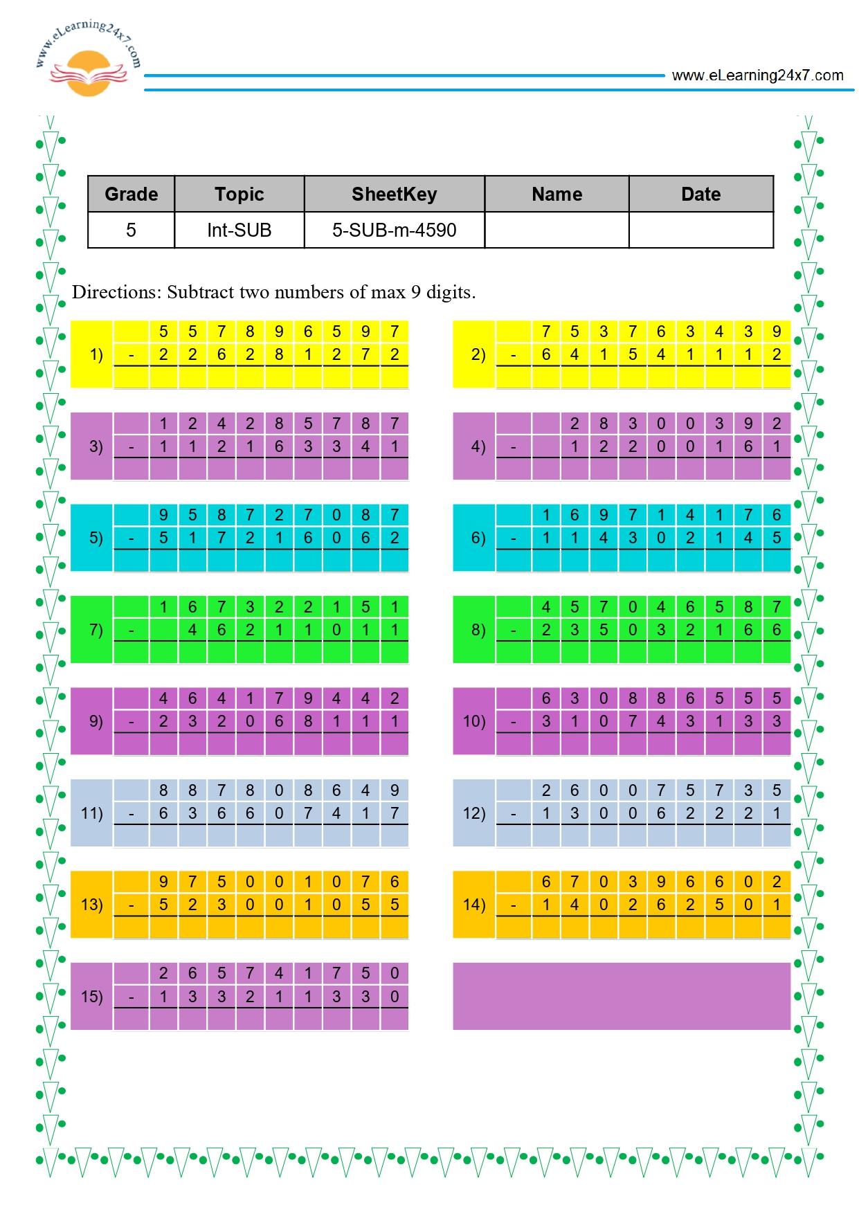Grade 5 Subtract 9-digit Numbers in Multiline