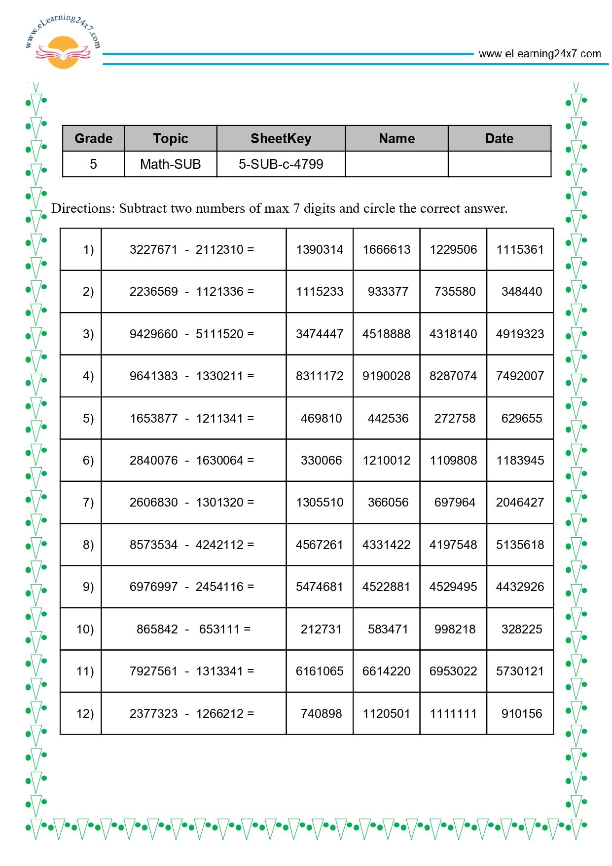 Grade 5 Subtract 7-digit Numbers MCQ