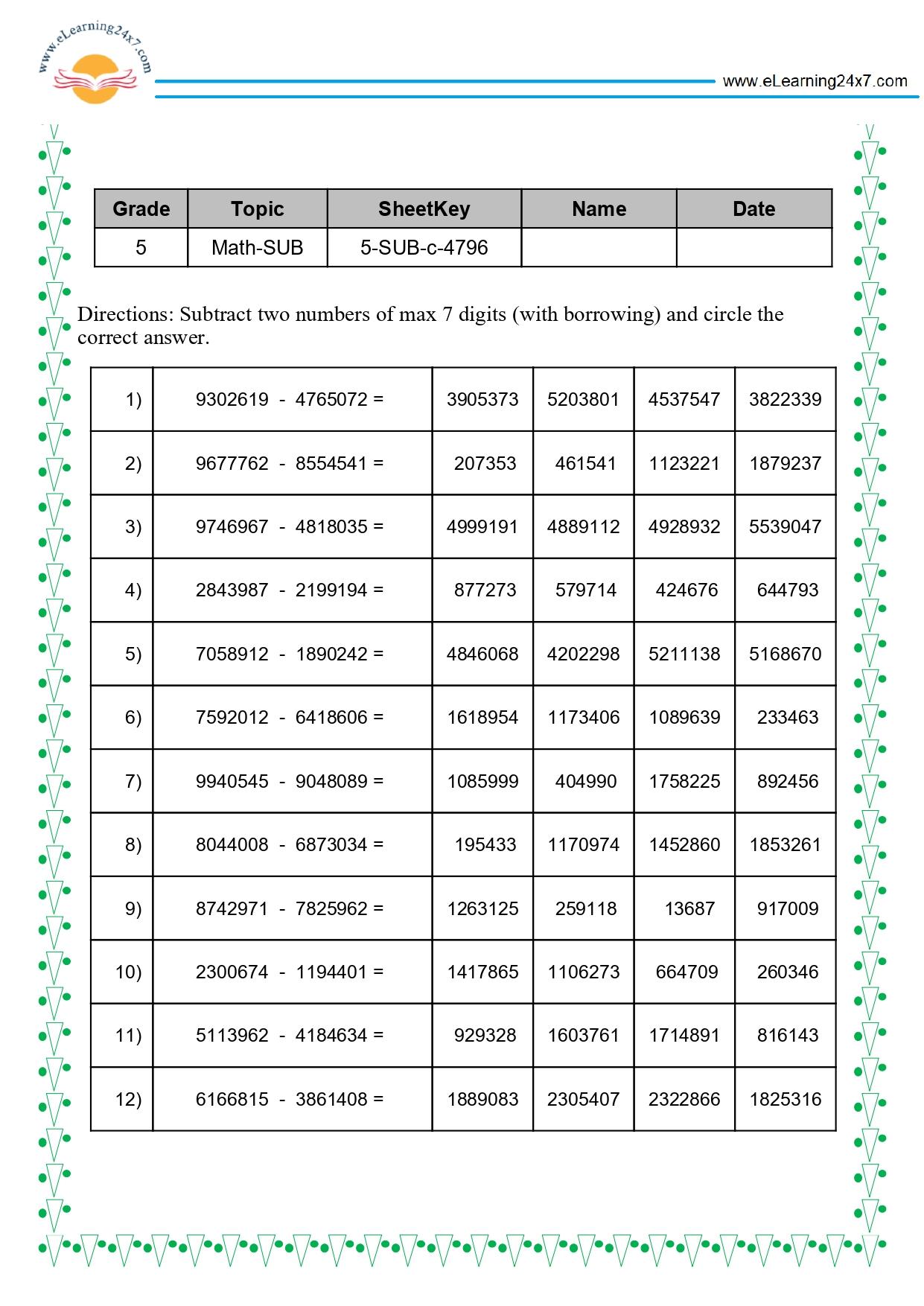 Grade 5 Subtract 7-digit Numbers MCQ